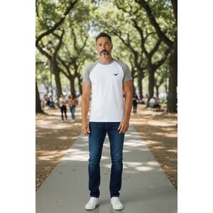 Hollister Mens White Gray Raglan Sleeve T Shirt Crew Neck Logo Size L